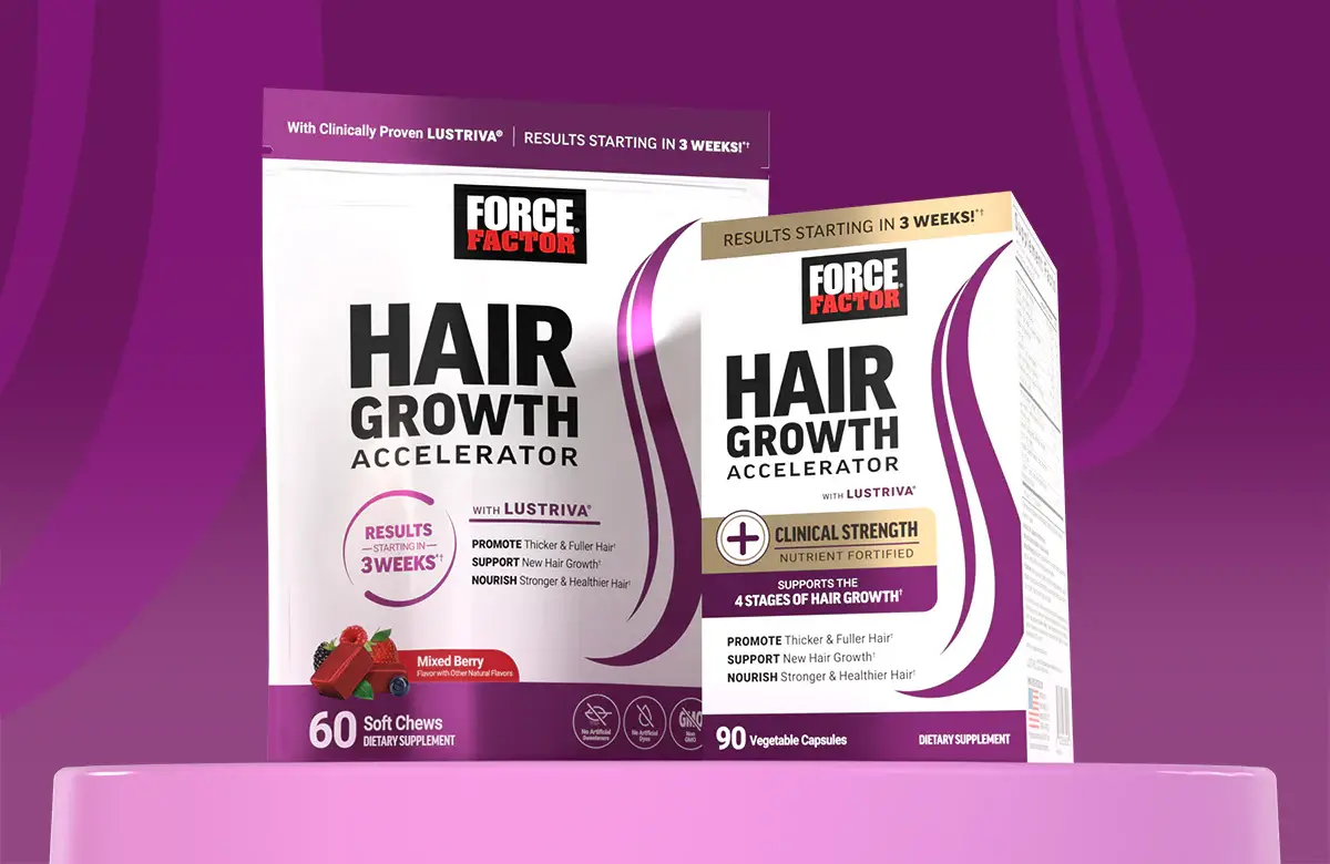 A dark, close-up portrait of someone with noticeably thinner hair, possibly showing the individual trying or reflecting upon an innovative hair loss treatment product labeled &lsquo;Force&rsquo; in the vicinity or on the item itself.